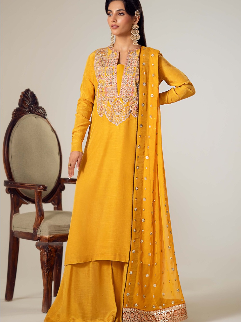 Maryum N Maria - Size L Mustard Yellow Embroidered Kurta Set